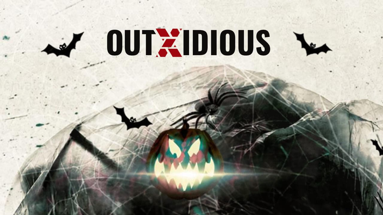 Cartel de OUTXIDIOUS: el nombre del evento y una calabaza de Halloween